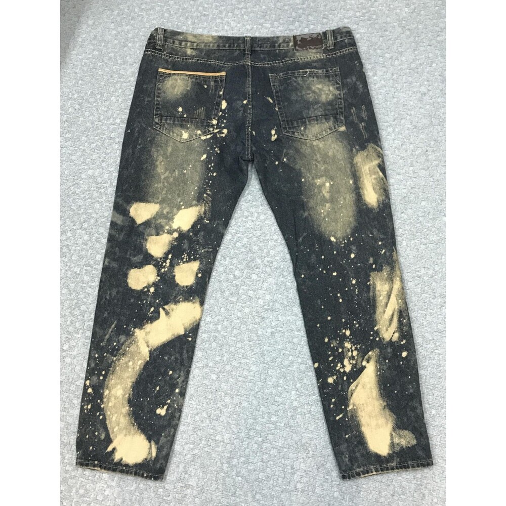 GS-115 Jeans Mens 42x32 Black Distressed Straight Denim Bleach Splatter Grunge